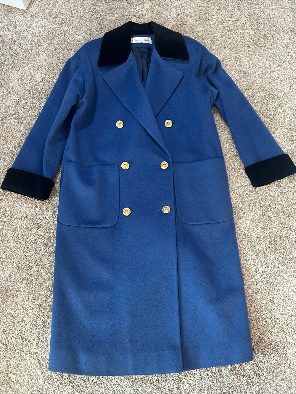 VTG Christian Dior Blue Wool Double Breasted Coat Velvet Collar Cuff Gold Button
